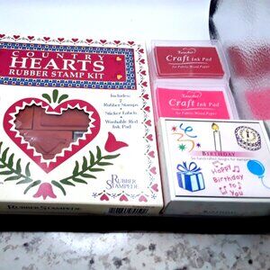 Country Hearts Rubber Stamp Set + Happy Birthday Stamp Set +2 Ink Pads Vintage